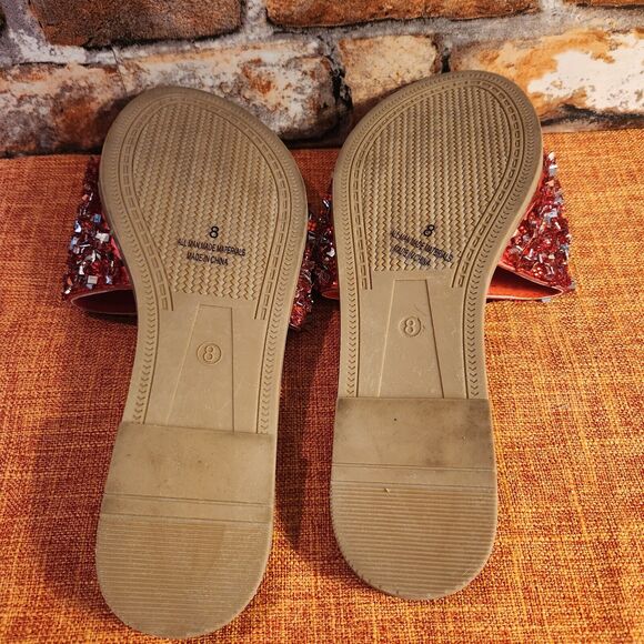 H2K Womens Glitter Bling Fancy Slide Flat Low Wedge Sparkle Sandals Shoes Red - Picture 5 of 8